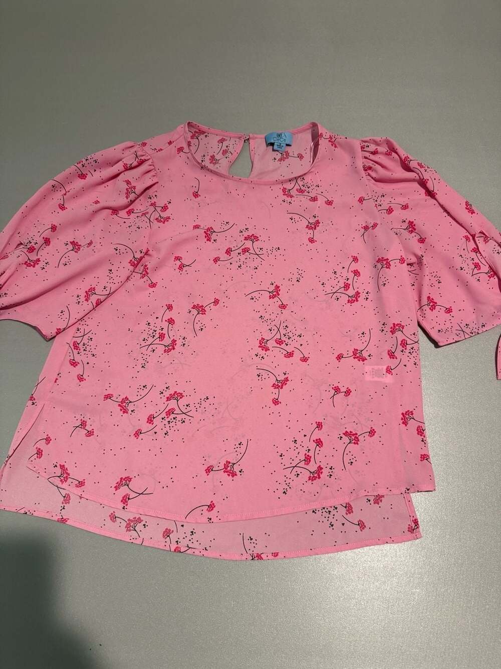 CeCe Floral Print Blouse Size M Pink Chiffon Knot Sleeve Top